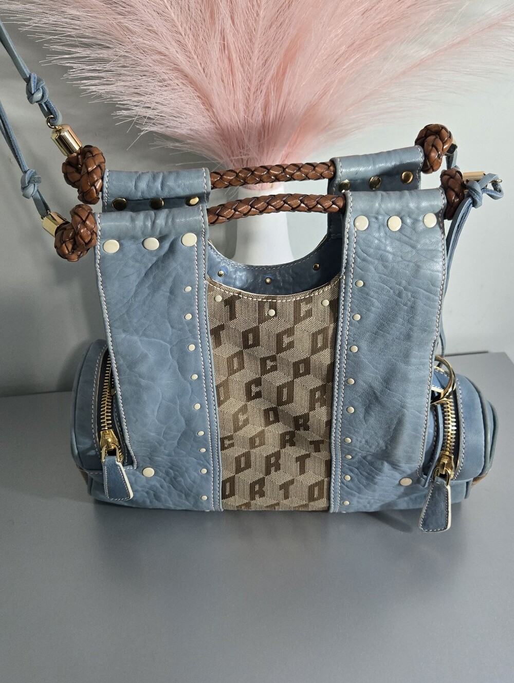 Corto Moltedo Blue Leather & Canvas Monogram Satchel Bag Made In Italy Star Deta